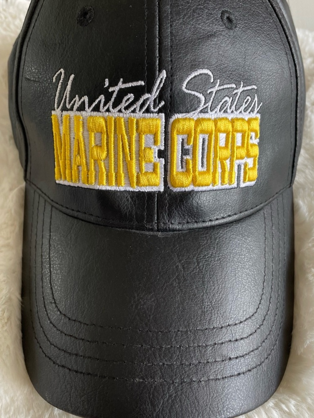 NWOT Black Leather Baseball Cap with Yellow 'Marine Corps' Embroidery